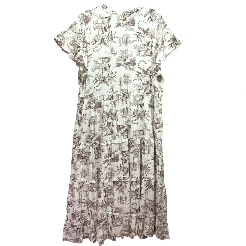 Cloth and Portrait Safari Toile Maxi Dress Sz XL Cream Leopard Tiered Jungle - Picture 2 of 12